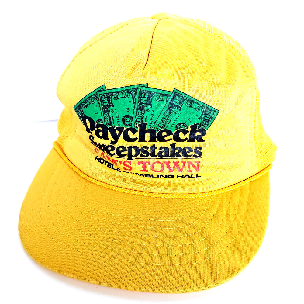 Vintage Sams Town Las Vegas Hotel Rope Snapback Mesh Trucker Hat Cap Yellow Foam